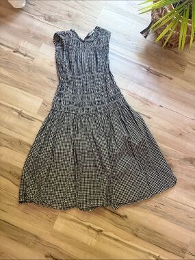 Navy Blue & White Gingham Women's Smocked Midi Dress